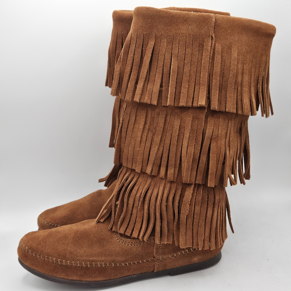 Minnetonka Calf Hi 3-layer leather Fringe western hippie moccasin Boot size 8
